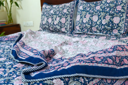 Pink on blue bloom handblock printed pure mulmul dohar with cotton bedsheet - 4 pieces bedding set (King / Queen Size)
