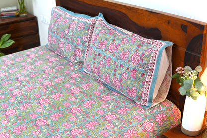 Turquoise royals handblock printed pure mulmul dohar with cotton bedsheet - 4 pieces bedding set (King / Queen Size)