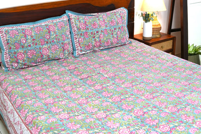 Turquoise royals handblock printed pure mulmul dohar with cotton bedsheet - 4 pieces bedding set (King / Queen Size)