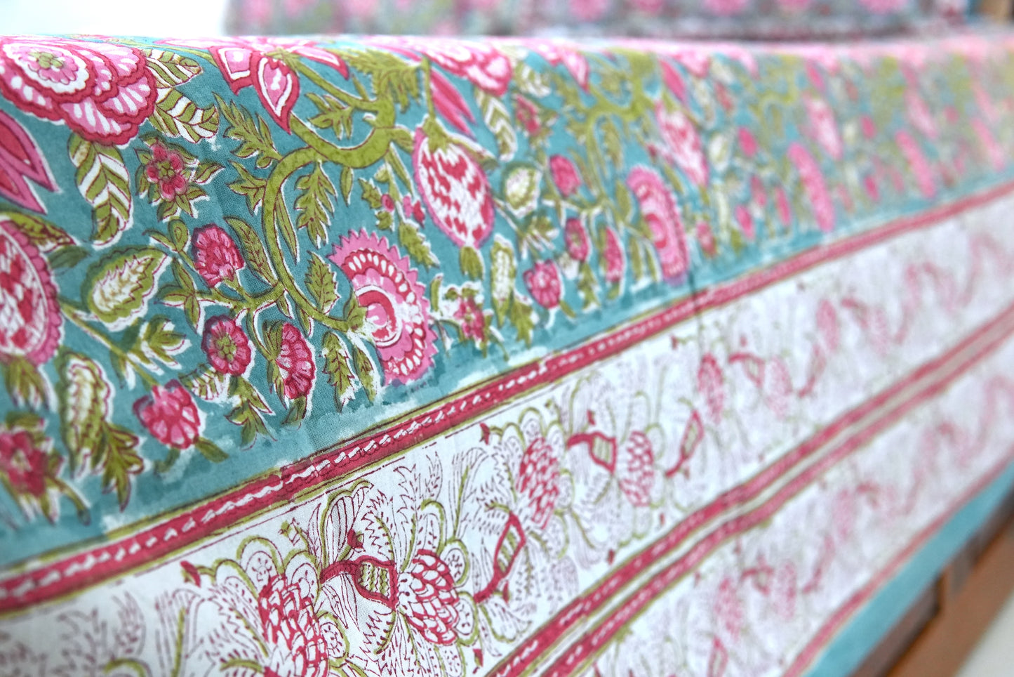 Turquoise royals handblock printed pure mulmul dohar with cotton bedsheet - 4 pieces bedding set (King / Queen Size)