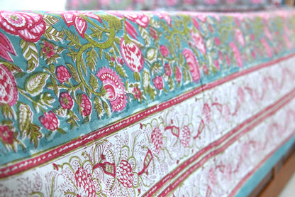 Turquoise royals handblock printed pure mulmul dohar with cotton bedsheet - 4 pieces bedding set (King / Queen Size)