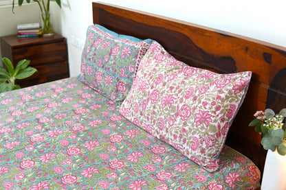 Turquoise royals handblock printed pure mulmul dohar with cotton bedsheet - 4 pieces bedding set (King / Queen Size)