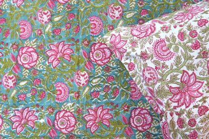 Turquoise royals handblock printed pure mulmul dohar with cotton bedsheet - 4 pieces bedding set (King / Queen Size)