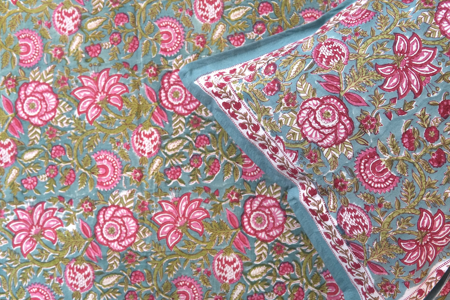 Turquoise royals handblock printed pure mulmul dohar with cotton bedsheet - 4 pieces bedding set (King / Queen Size)