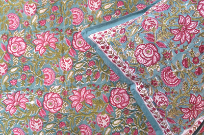 Turquoise royals handblock printed pure mulmul dohar with cotton bedsheet - 4 pieces bedding set (King / Queen Size)