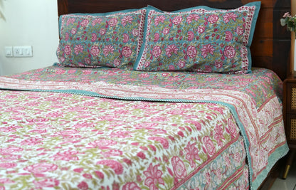 Turquoise royals handblock printed pure mulmul dohar with cotton bedsheet - 4 pieces bedding set (King / Queen Size)