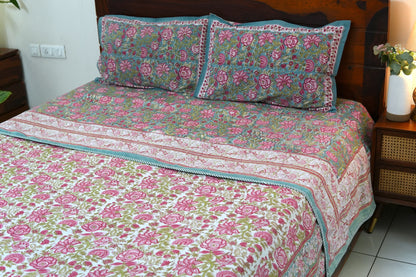 Turquoise royals handblock printed pure mulmul dohar with cotton bedsheet - 4 pieces bedding set (King / Queen Size)