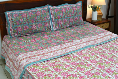 Turquoise royals handblock printed pure mulmul dohar with cotton bedsheet - 4 pieces bedding set (King / Queen Size)