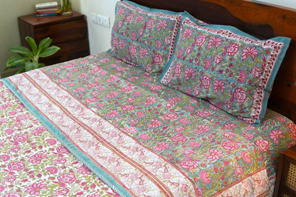 Turquoise royals handblock printed pure mulmul dohar with cotton bedsheet - 4 pieces bedding set (King / Queen Size)