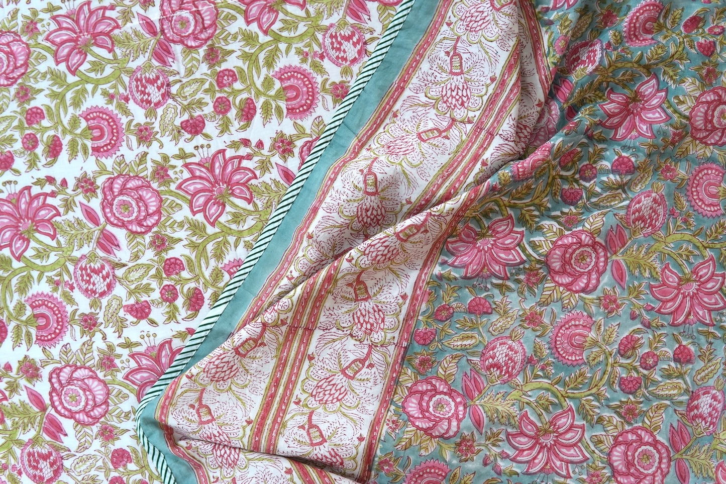 Turquoise royals handblock printed pure mulmul dohar with cotton bedsheet - 4 pieces bedding set (King / Queen Size)