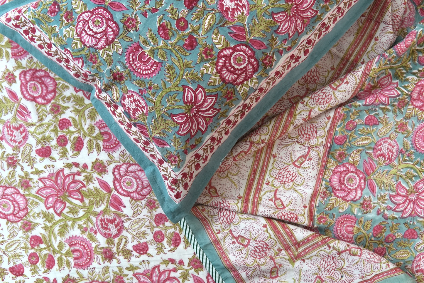 Turquoise royals handblock printed pure mulmul dohar with cotton bedsheet - 4 pieces bedding set (King / Queen Size)