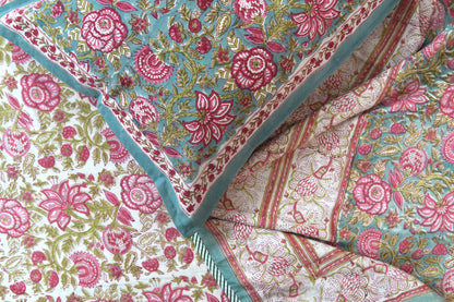 Turquoise royals handblock printed pure mulmul dohar with cotton bedsheet - 4 pieces bedding set (King / Queen Size)