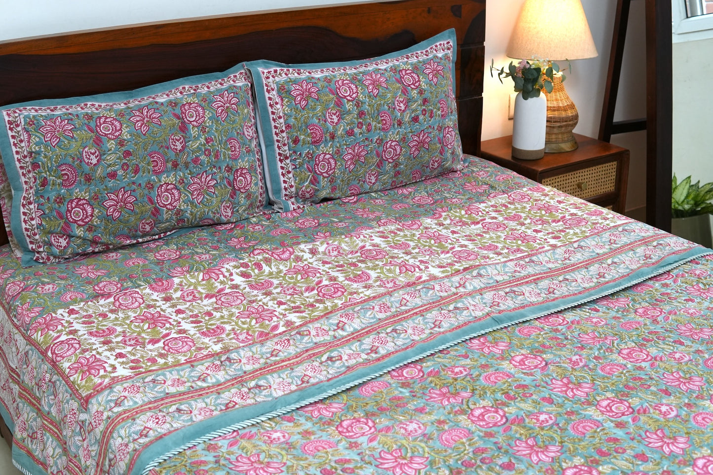 Turquoise royals handblock printed pure mulmul dohar with cotton bedsheet - 4 pieces bedding set (King / Queen Size)