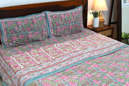 Turquoise royals handblock printed pure mulmul dohar with cotton bedsheet - 4 pieces bedding set (King / Queen Size)