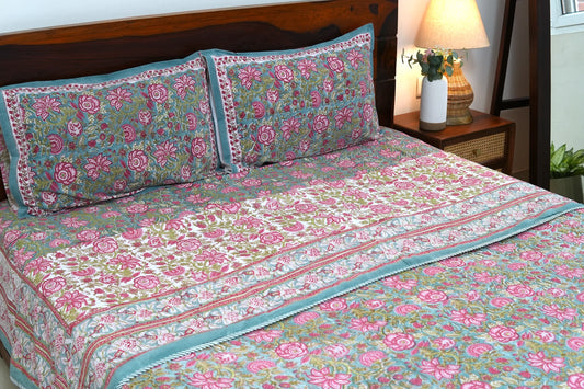 Turquoise royals handblock printed pure mulmul dohar with cotton bedsheet - 4 pieces bedding set (King / Queen Size)