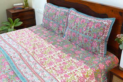 Turquoise royals handblock printed pure mulmul dohar with cotton bedsheet - 4 pieces bedding set (King / Queen Size)