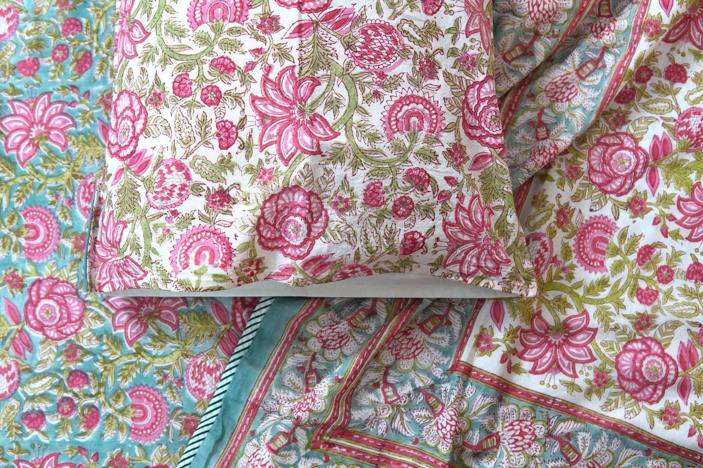 Turquoise royals handblock printed pure mulmul dohar with cotton bedsheet - 4 pieces bedding set (King / Queen Size)