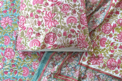 Turquoise royals handblock printed pure mulmul dohar with cotton bedsheet - 4 pieces bedding set (King / Queen Size)