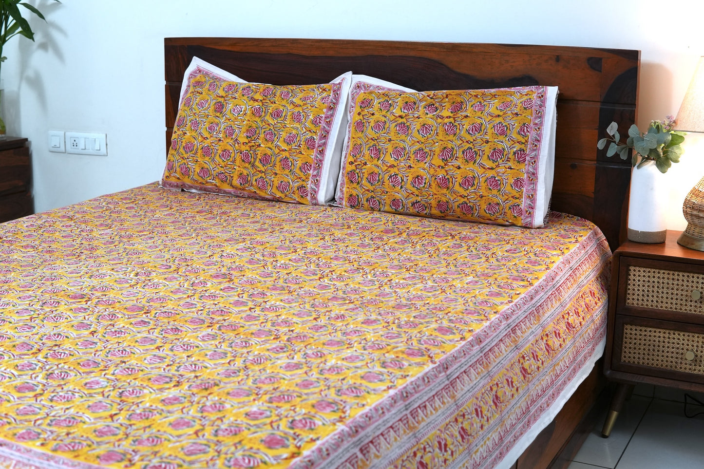 Pink bloom on yellow handblock printed pure mulmul dohar with cotton bedsheet - 4 pieces bedding set (King / Queen Size)