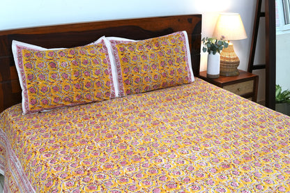 Pink bloom on yellow handblock printed pure mulmul dohar with cotton bedsheet - 4 pieces bedding set (King / Queen Size)