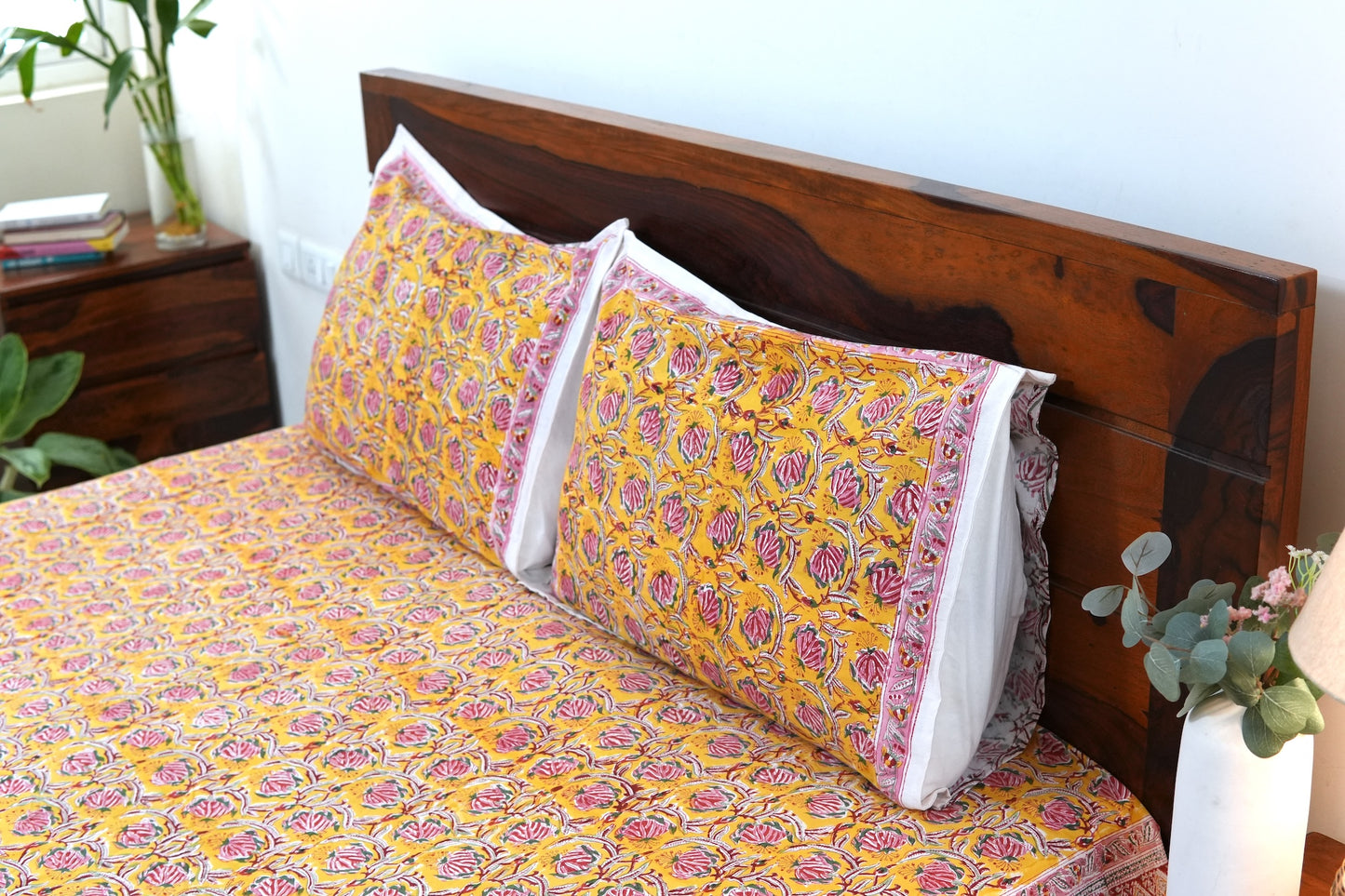 Pink bloom on yellow handblock printed pure mulmul dohar with cotton bedsheet - 4 pieces bedding set (King / Queen Size)