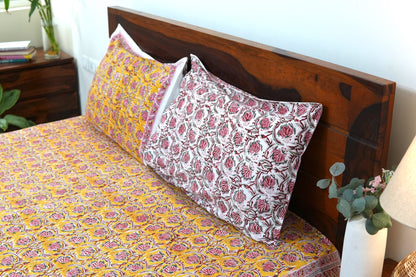 Pink bloom on yellow handblock printed pure mulmul dohar with cotton bedsheet - 4 pieces bedding set (King / Queen Size)