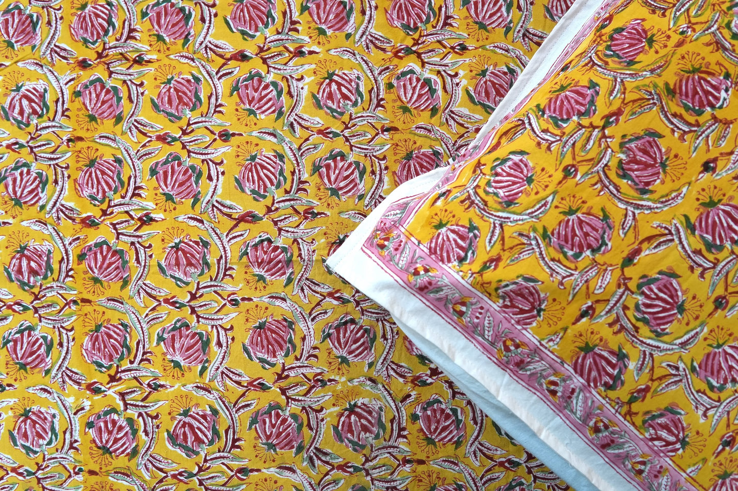 Pink bloom on yellow handblock printed pure mulmul dohar with cotton bedsheet - 4 pieces bedding set (King / Queen Size)