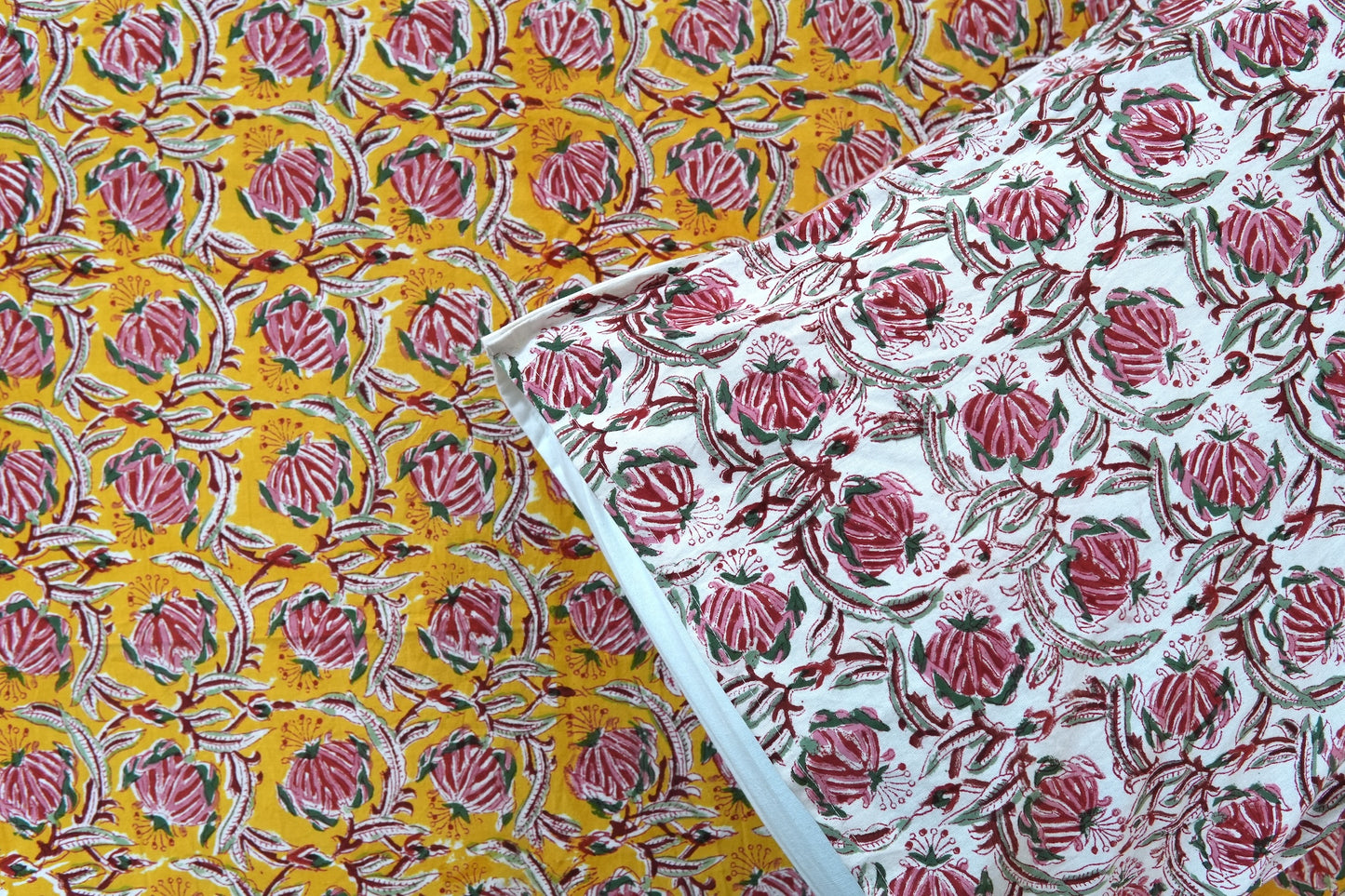 Pink bloom on yellow handblock printed pure mulmul dohar with cotton bedsheet - 4 pieces bedding set (King / Queen Size)