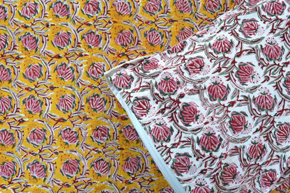 Pink bloom on yellow handblock printed pure mulmul dohar with cotton bedsheet - 4 pieces bedding set (King / Queen Size)