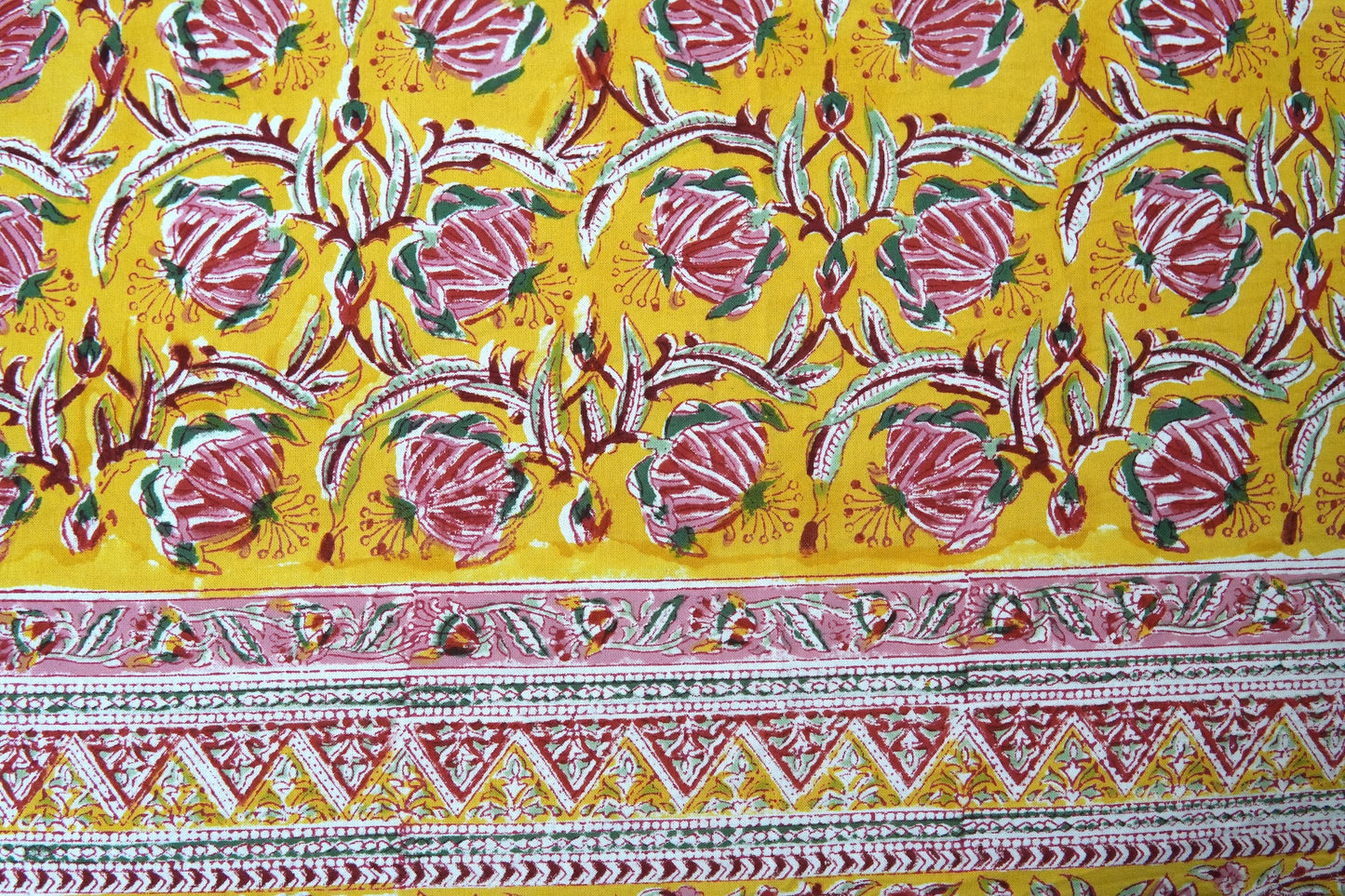 Pink bloom on yellow handblock printed pure mulmul dohar with cotton bedsheet - 4 pieces bedding set (King / Queen Size)