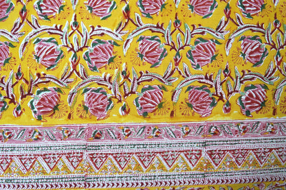 Pink bloom on yellow handblock printed pure mulmul dohar with cotton bedsheet - 4 pieces bedding set (King / Queen Size)