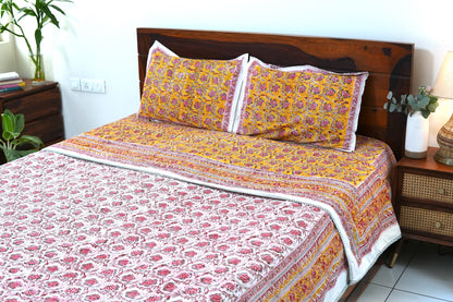 Pink bloom on yellow handblock printed pure mulmul dohar with cotton bedsheet - 4 pieces bedding set (King / Queen Size)