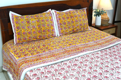 Pink bloom on yellow handblock printed pure mulmul dohar with cotton bedsheet - 4 pieces bedding set (King / Queen Size)