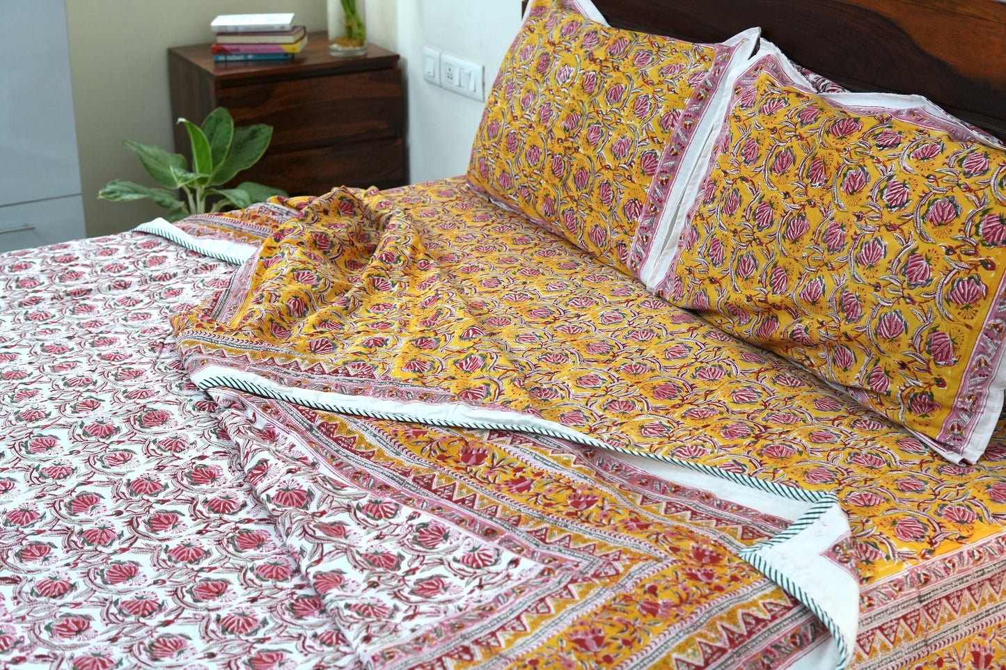 Pink bloom on yellow handblock printed pure mulmul dohar with cotton bedsheet - 4 pieces bedding set (King / Queen Size)