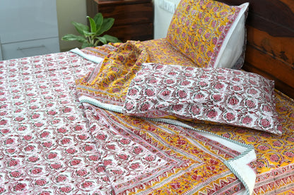 Pink bloom on yellow handblock printed pure mulmul dohar with cotton bedsheet - 4 pieces bedding set (King / Queen Size)