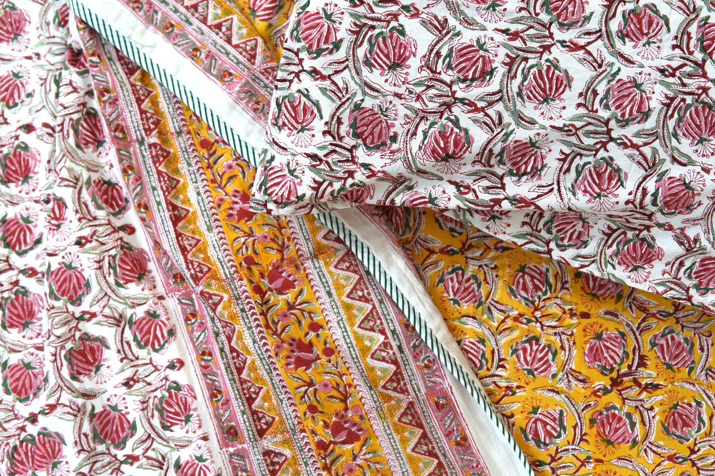 Pink bloom on yellow handblock printed pure mulmul dohar with cotton bedsheet - 4 pieces bedding set (King / Queen Size)