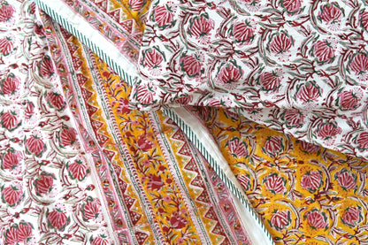 Pink bloom on yellow handblock printed pure mulmul dohar with cotton bedsheet - 4 pieces bedding set (King / Queen Size)