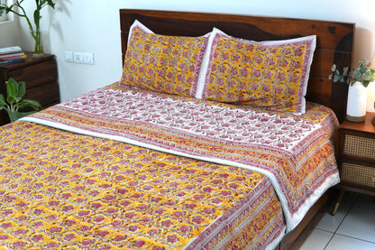 Pink bloom on yellow handblock printed pure mulmul dohar with cotton bedsheet - 4 pieces bedding set (King / Queen Size)