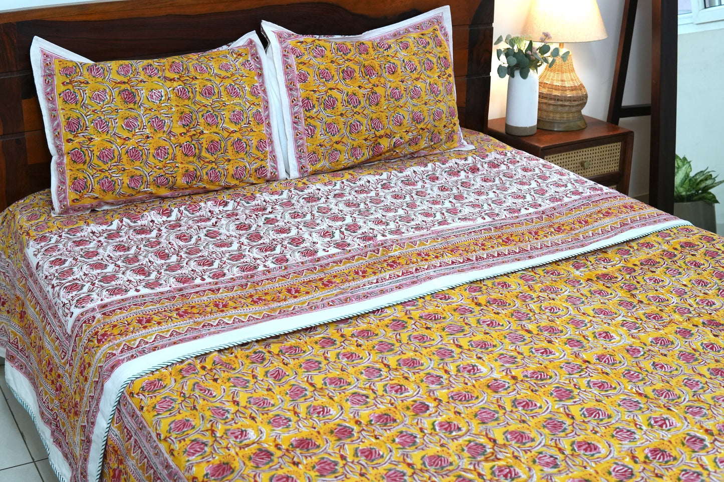Pink bloom on yellow handblock printed pure mulmul dohar with cotton bedsheet - 4 pieces bedding set (King / Queen Size)