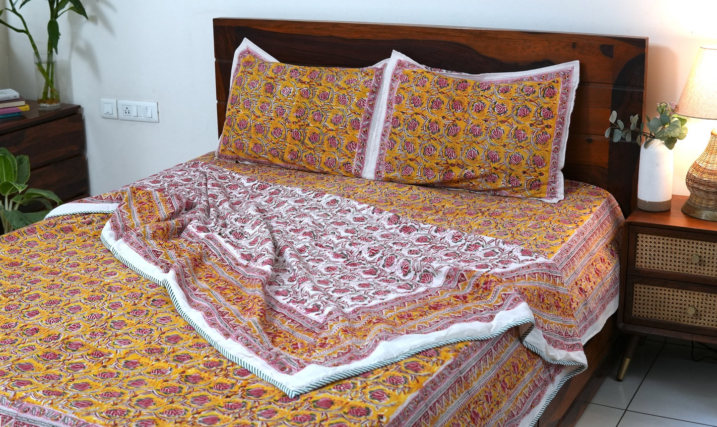 Pink bloom on yellow handblock printed pure mulmul dohar with cotton bedsheet - 4 pieces bedding set (King / Queen Size)