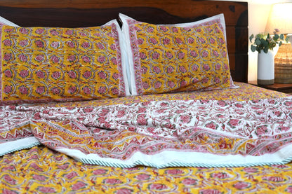 Pink bloom on yellow handblock printed pure mulmul dohar with cotton bedsheet - 4 pieces bedding set (King / Queen Size)