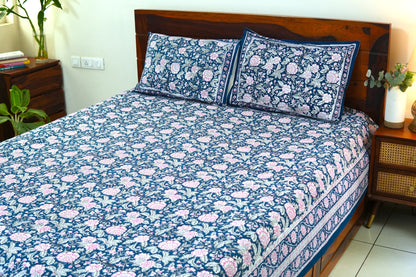 Pink on blue bloom handblock printed pure mulmul dohar with cotton bedsheet - 4 pieces bedding set (King / Queen Size)