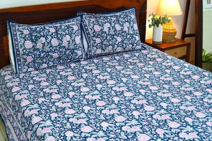 Pink on blue bloom handblock printed pure mulmul dohar with cotton bedsheet - 4 pieces bedding set (King / Queen Size)