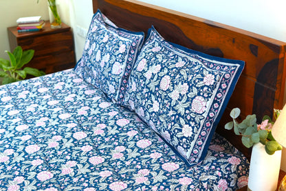 Pink on blue bloom handblock printed pure mulmul dohar with cotton bedsheet - 4 pieces bedding set (King / Queen Size)