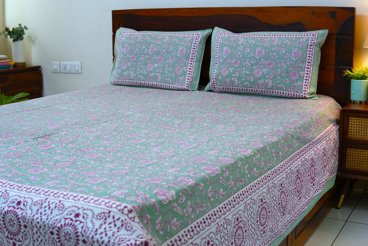 Pastel green with pink florals - Pure cotton King / Queen size double bedsheet