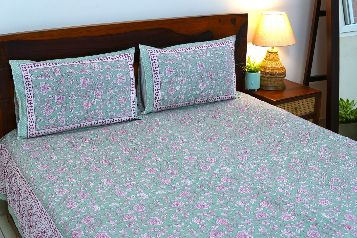 Pastel green with pink florals - Pure cotton King / Queen size double bedsheet