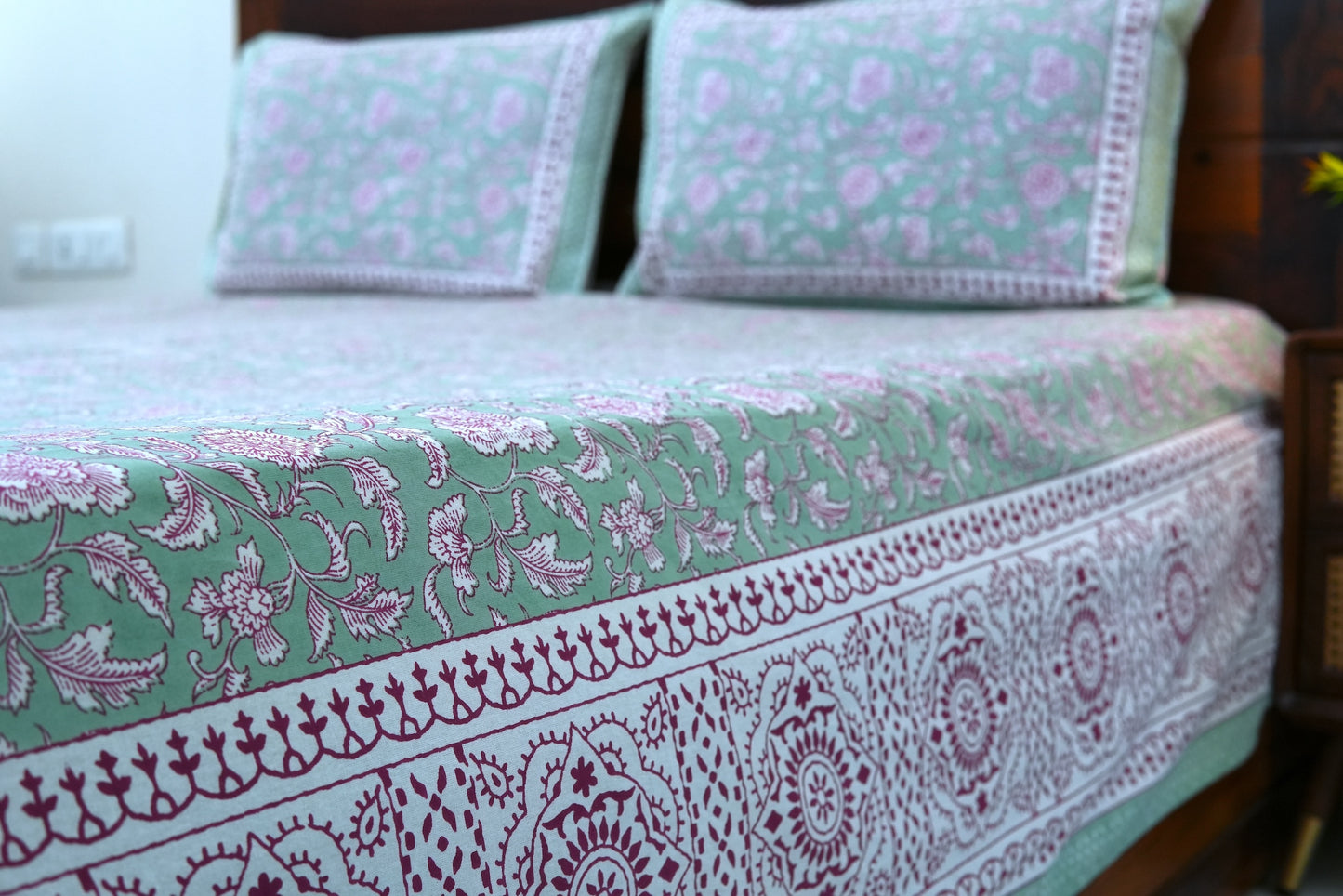 Pastel green with pink florals - Pure cotton King / Queen size double bedsheet