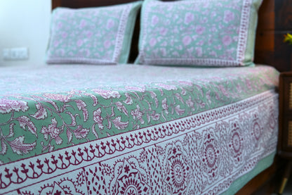 Pastel green with pink florals - Pure cotton King / Queen size double bedsheet