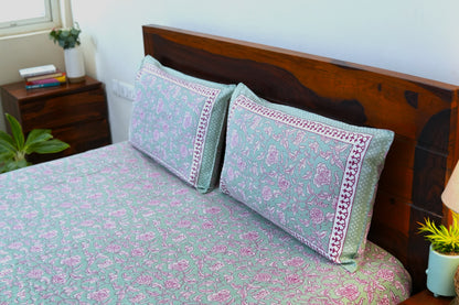 Pastel green with pink florals - Pure cotton King / Queen size double bedsheet