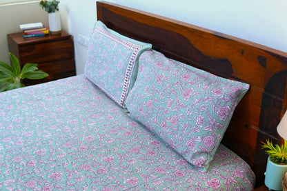 Pastel green with pink florals - Pure cotton King / Queen size double bedsheet